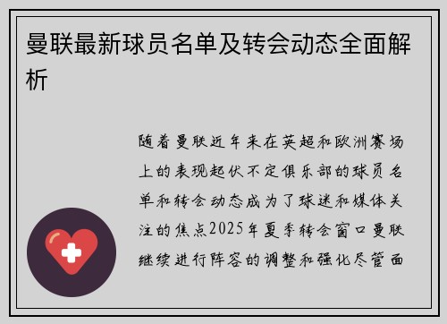 曼联最新球员名单及转会动态全面解析